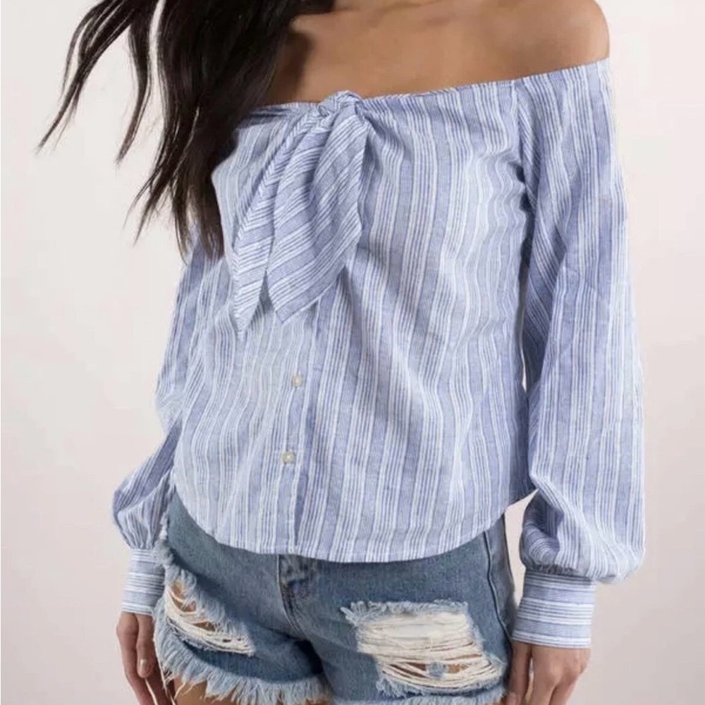 Free People Hello Beautiful Off Shoulder Linen Blue Size L